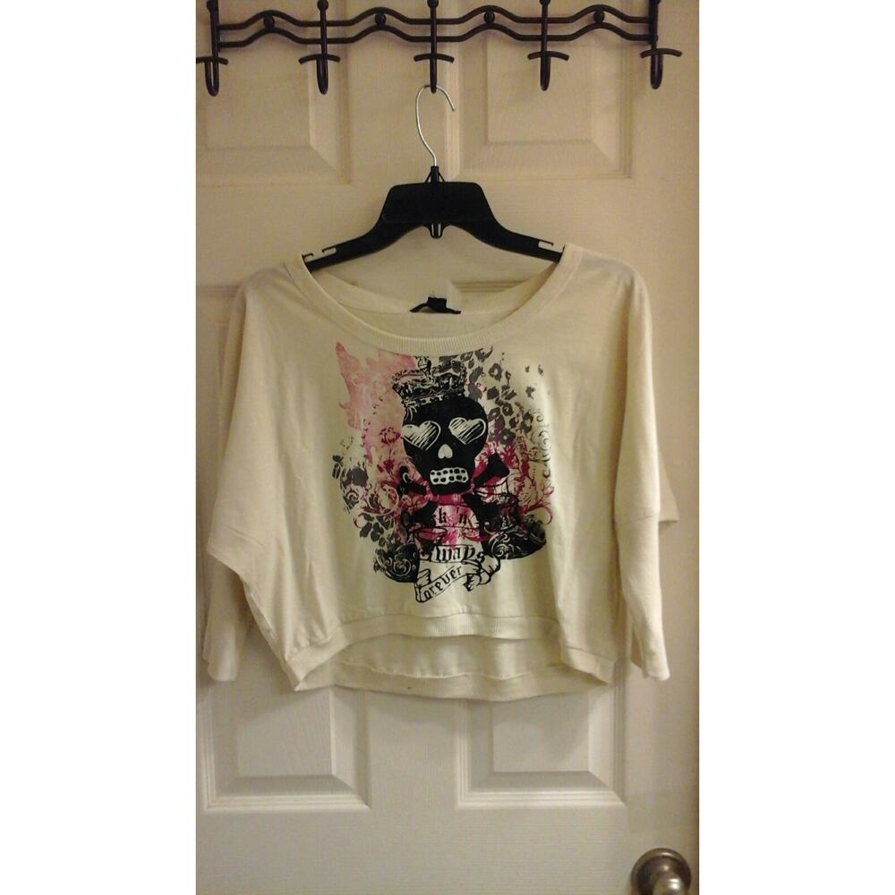 Eye Candy Blouse, junior Girls Large Dolman slvs Skelton head, Cropped Grunge